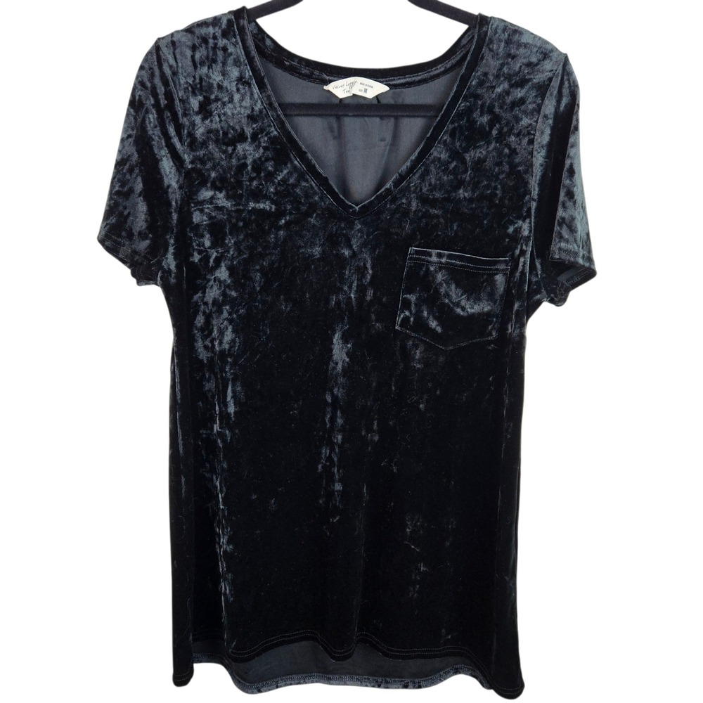 Spring + Mercer Velvet Tee Top Womens Medium Black Short‎ Sleeve Pocket V Neck